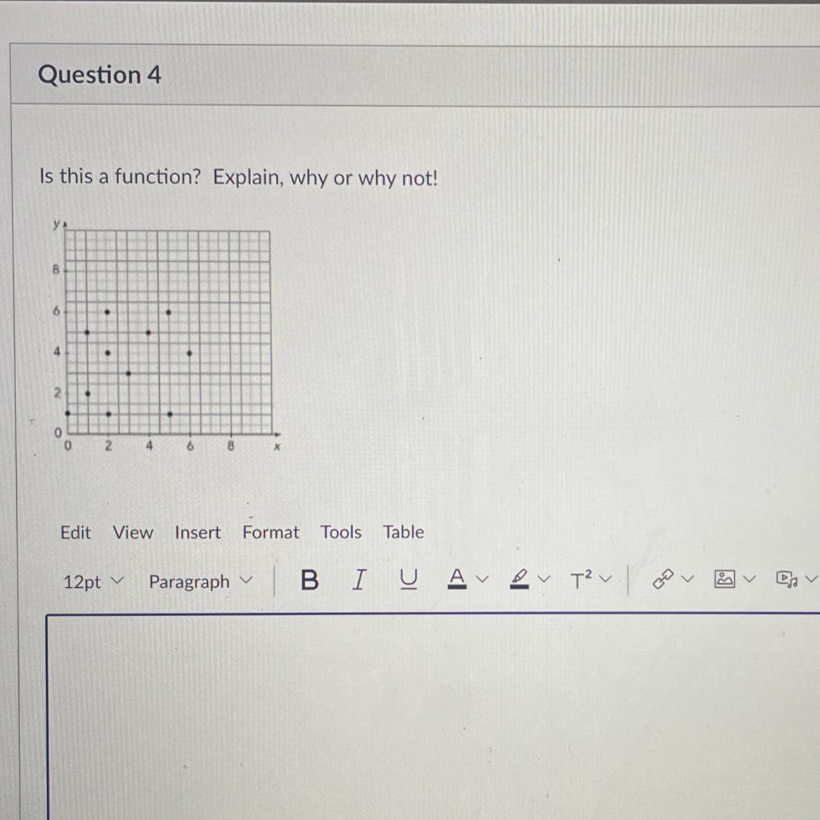 Question 4Is This A Function? Explain, Why Or Why Not!Edit View Insert Format Tools Table12pt Paragraph