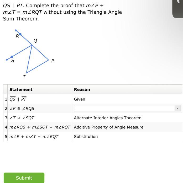 QSPT. Complete The Proof That MP+mT=mRQT Without Using The Triangle Angle Sum Theorem.