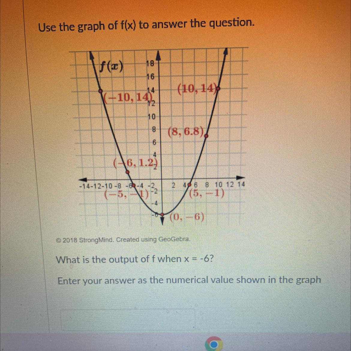 The Graph Of F(x) To Answer The Question.f(x) 1816-(-10, 14)10-6(-6, 1.2)-14-12-10-8-6-4-2(-5, -1)(10,