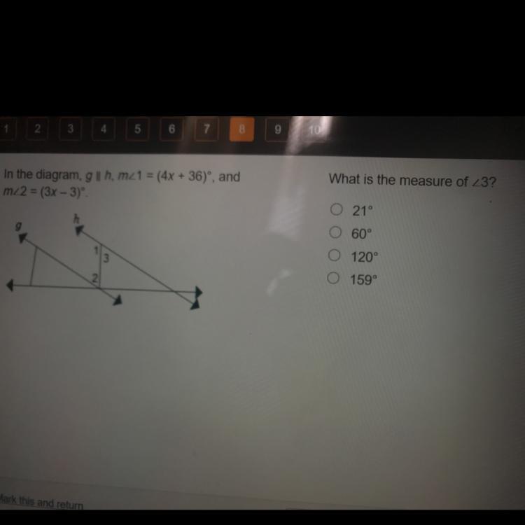 In The Diagram G|| H, M&lt;1=(4x+36) And M&lt;2=(3x-3) What Is The Measure Of &lt;3