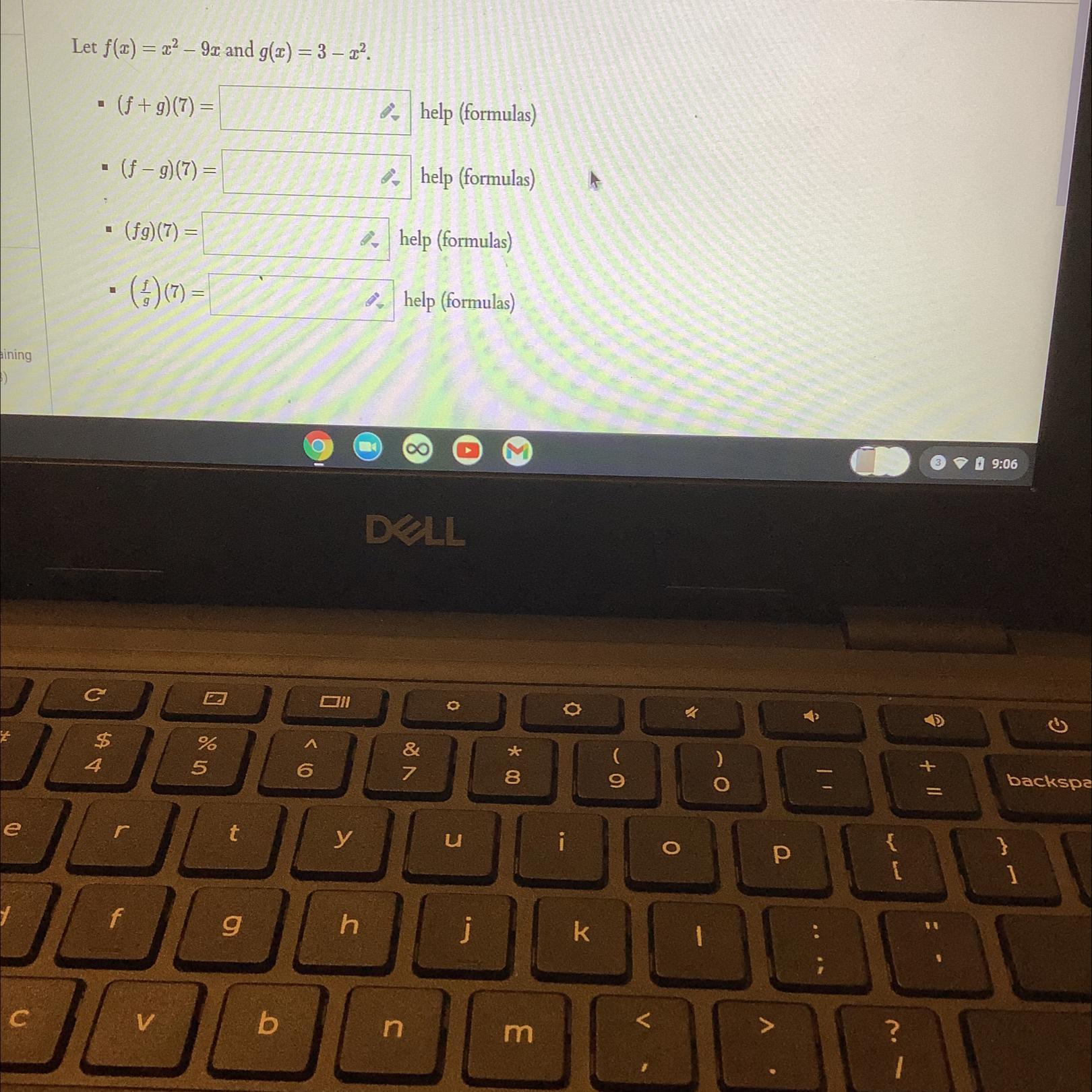 Let F(x) = X2 - 9a And G(a) = 3 - X?.(f+g)(7) =- (f - 9)(7) =. (f9)(7) = (4) (7) -