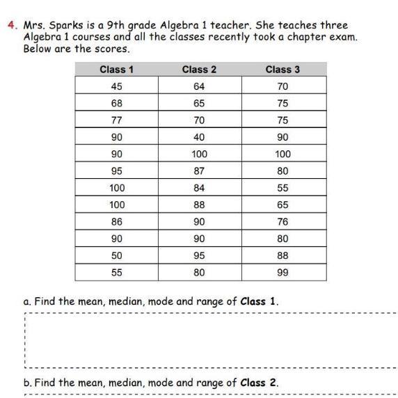 Find Mean, Median, Mode, And Range For Class 1, Class 2 And Class 3
