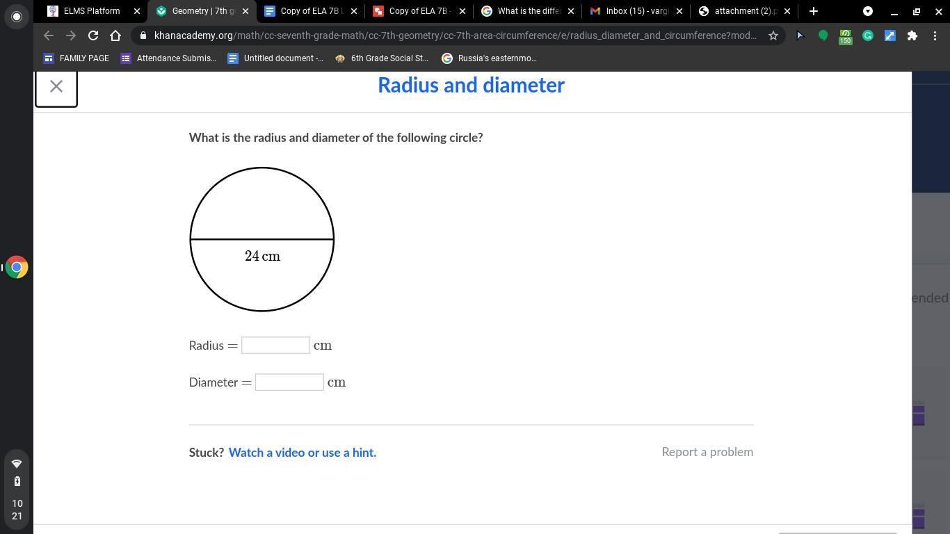 What Is The Radius And Diameter Of The Following Circle?