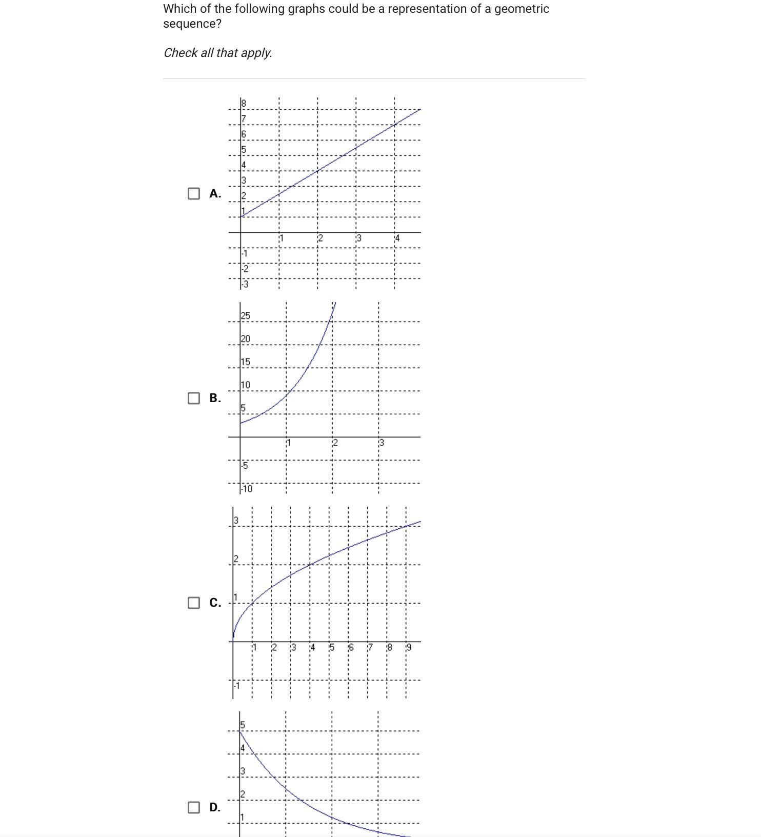 Which Of The Following Graphs Could Be A Representation Of A Geometric Sequence?Check All That Apply.A.B.C.D.