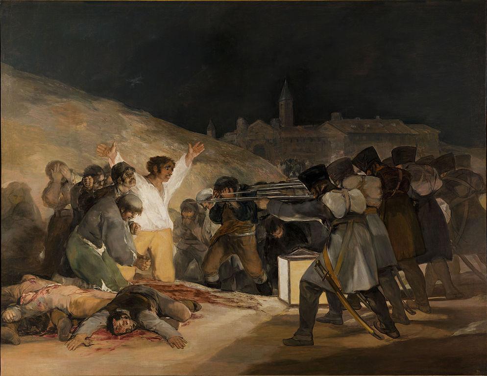 Take A Look At This Piece Of Art:Painting Of Several Men Being Held At Gunpoint By A Line Of Soldiers.