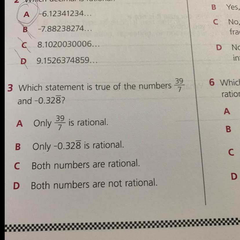 39Which Statement Is True Of The Numbersand -0.328?6 Which Equrational Nu0.33.A Only 39 Is Rational.B0.33BOnly