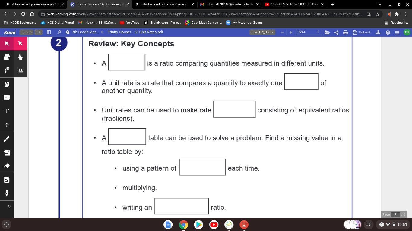 A _____ Is A Ratio Comparing Quantities Measured In Different Units. A Unit Rate Is A Rate That Compares