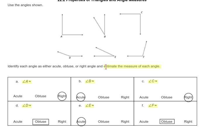 Identify Each Angle As Either Acute, Obtuse, Or Right Angle And Estimate The Measure Of Each Angle.