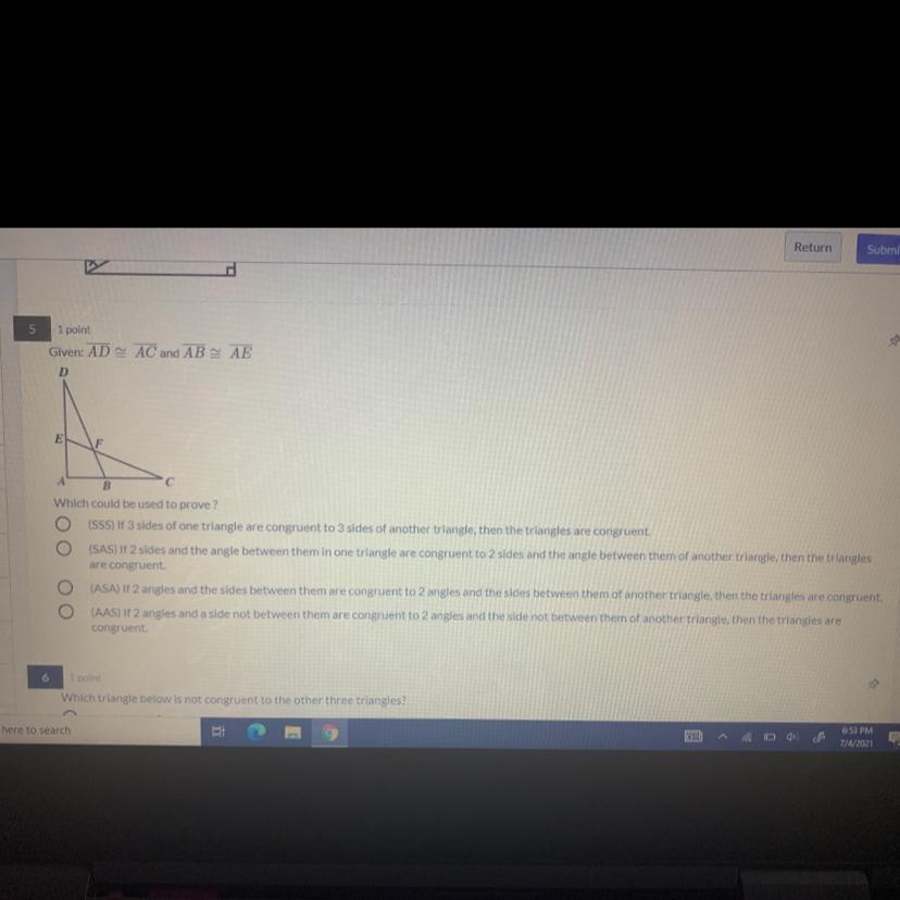 Given AD Is Congruent To AC And AB Is Congruent To AE, Which Could Be Used To Prove?