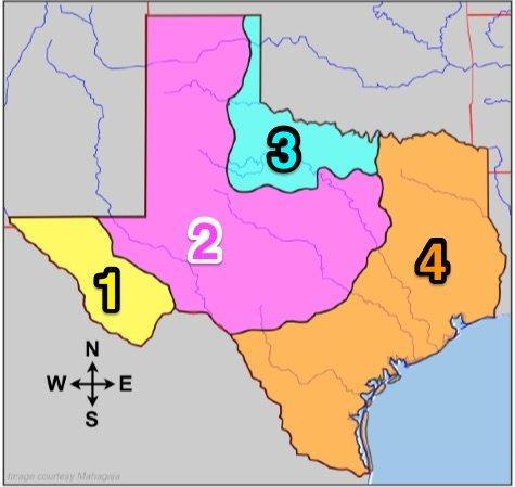 Which Of These Would You Find In Regions 1, 2, And 4?A) Rio GrandeB) Colorado RiverC) Davis MountainsD)