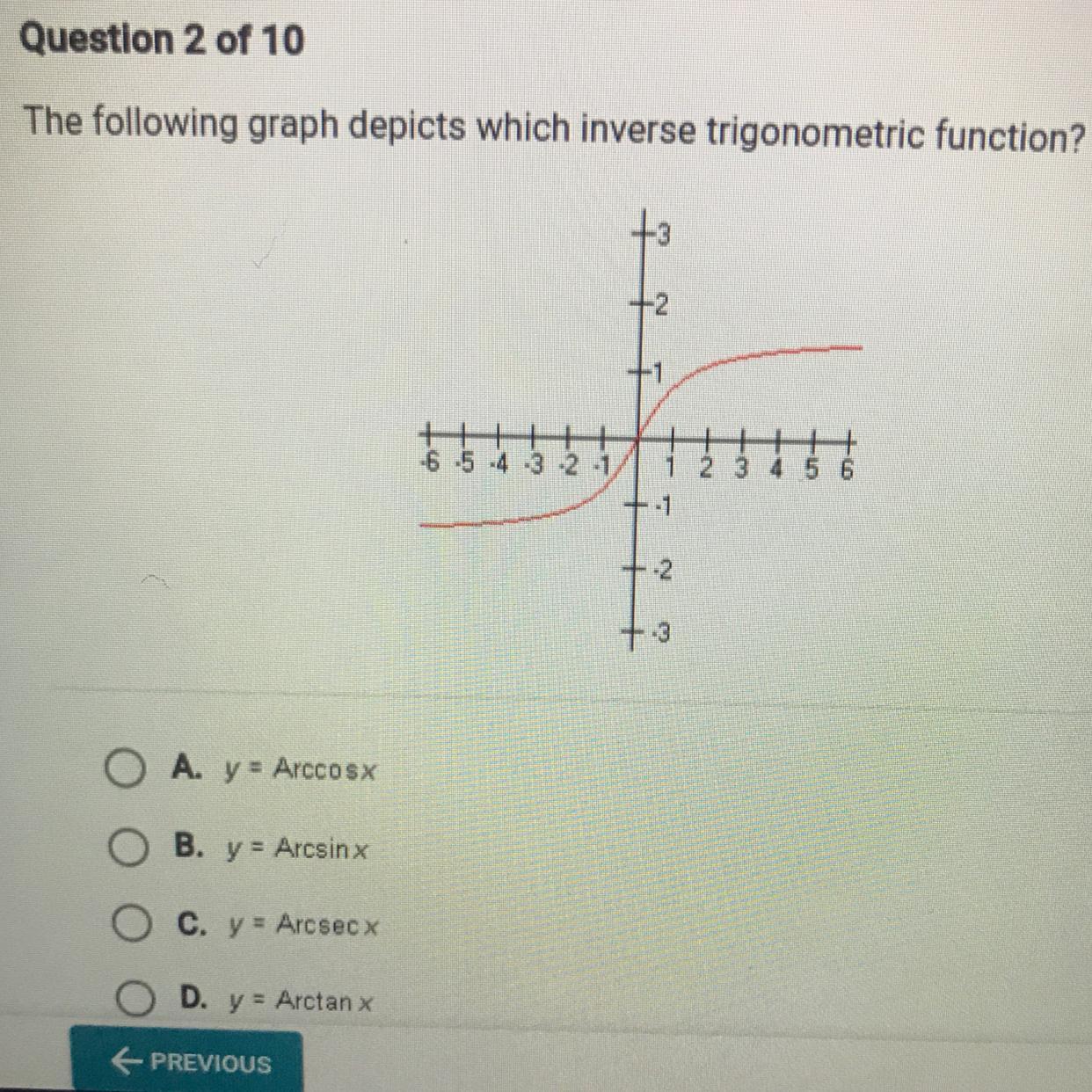 The Following Graph Depicts Which Inverse Trigonometric Function?