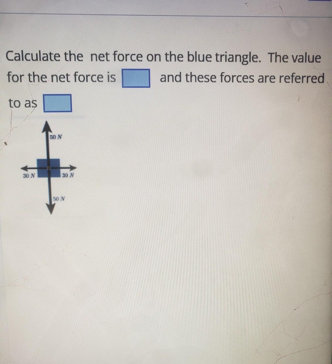 PLEASE HELP CALCULATE THE NET FORCE ON THE BLUE TRIANGLE. THE VALUE OF THE NET FORCE IS BLANK AND THESE