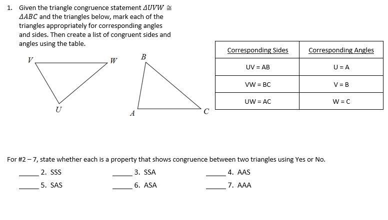 For #2 7, State Whether Each Is A Property That Shows Congruence Between Two Triangles Using Yes Or No.