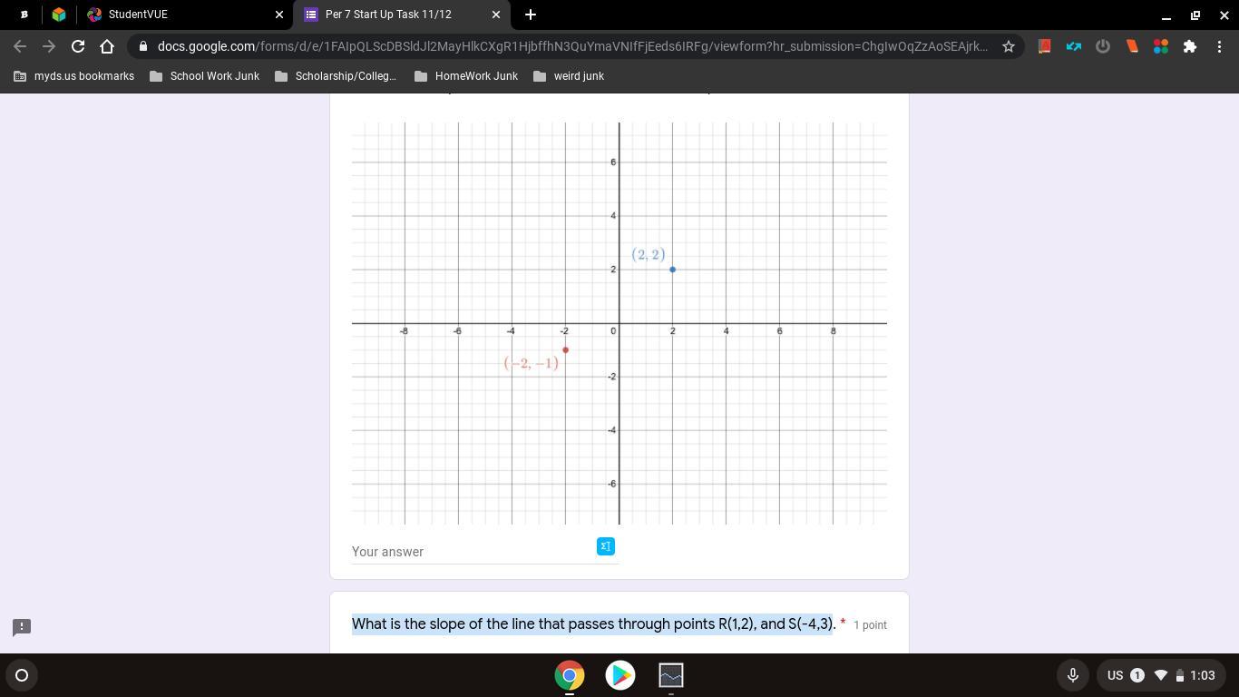 What Is The Slope Of The Line That Passes Through Points R(1,2), And S(-4,3)