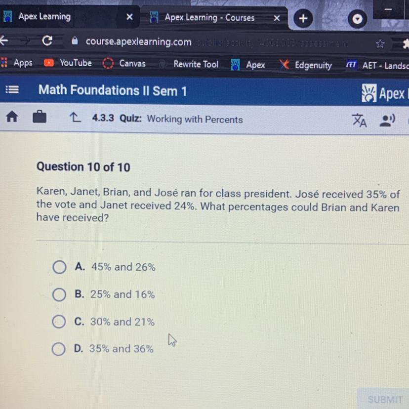 Karen, Janet, Brian, And Jos Ran For Class President. Jos Received 35% Of The Vote And Janet Received