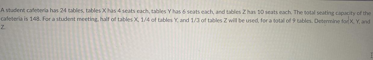 A Student Cafeteria Has 24 Tables, Tables X Has 4 Seats Each, Tables Y Has 6 Seats Each, And Tables Z
