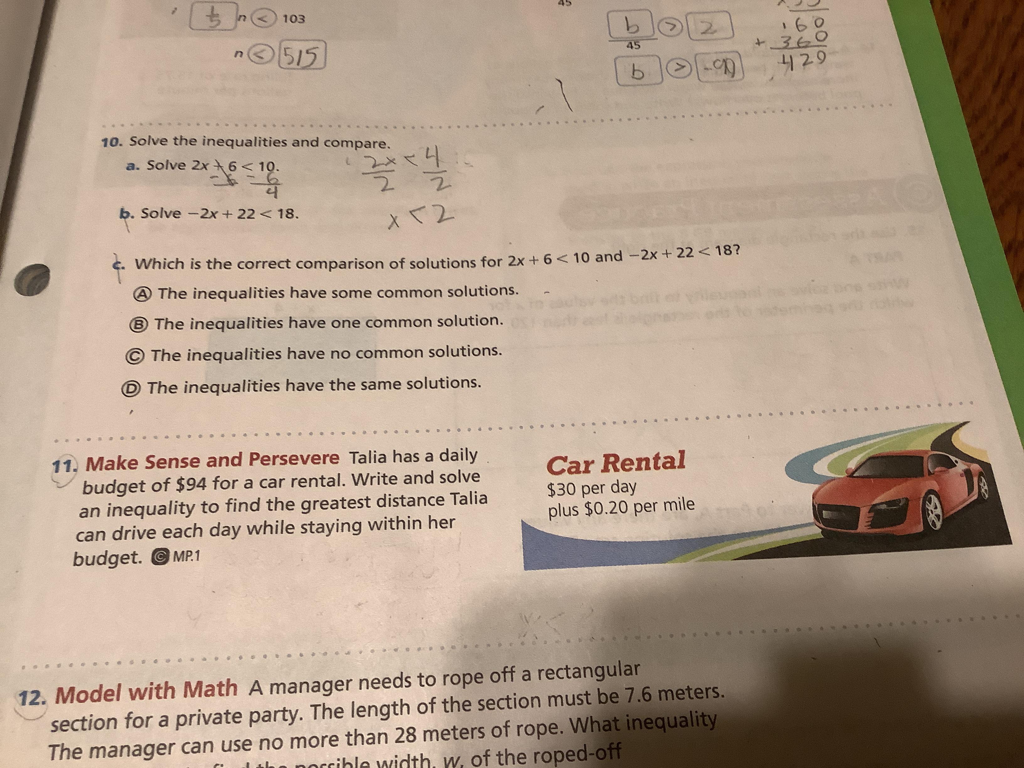 Talia Has A Daily Budget Of $94 For A Car Rental. Write And Solve An Inequality To Find The Greatest