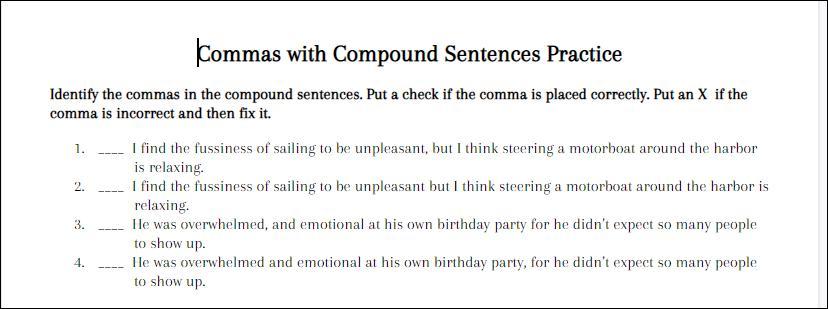 Commas With Compound Sentences Practice Help Please