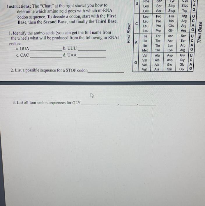 Part 2 "Amino Acid / Codon Chart"Instructions: The "Chart" At The Right Shows You How Todetermine Which