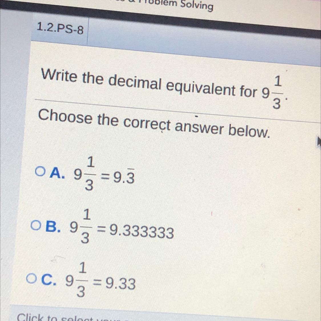 Decimal Equivalent 9 1/3