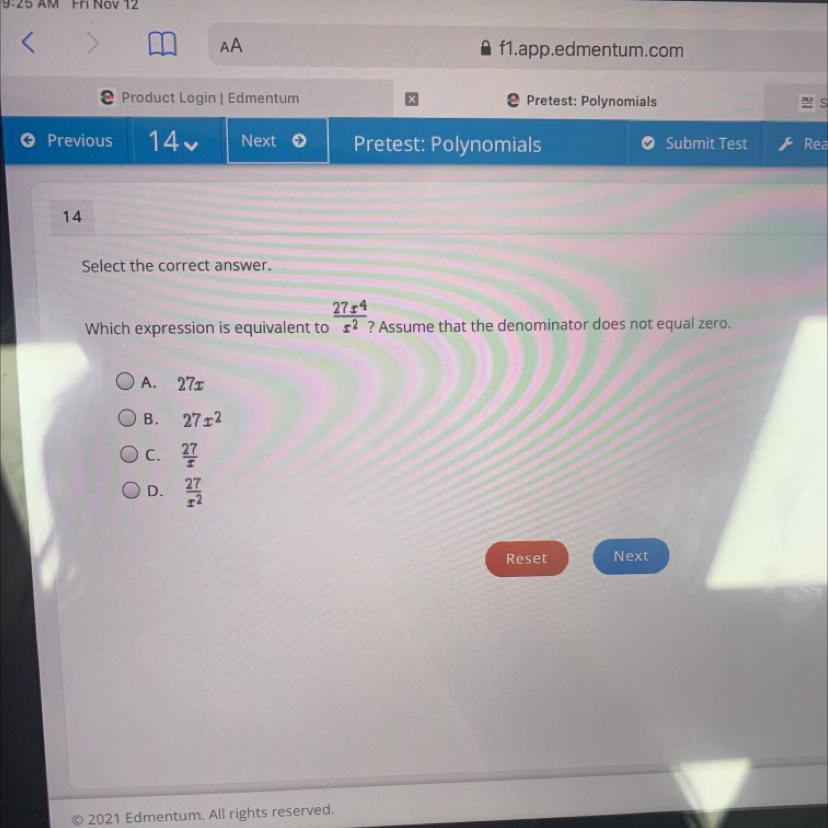 Select The Correct Answer.Which Expression Is Equivalent To 27x^4/x^2? Assume That The Denominator Does