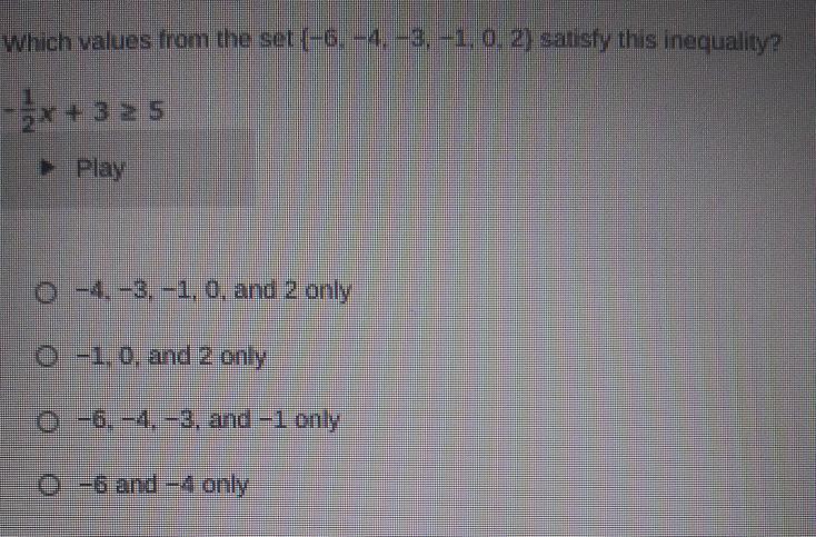 Which Values From The Set (-6. -4, -3, -1, 0, 2) Satisfy This Inequality? -1/2x+350 -4 -3. -1, 0, And