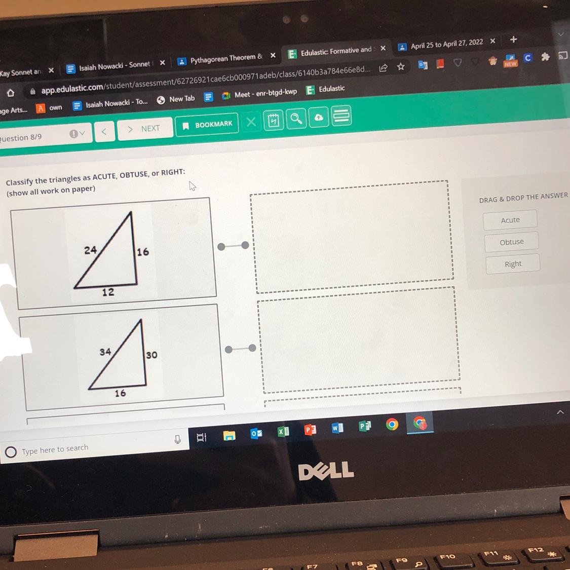 Classify The Triangles As ACUTE, OBTUSE, OR RIGHT:(show All Work On Paper)