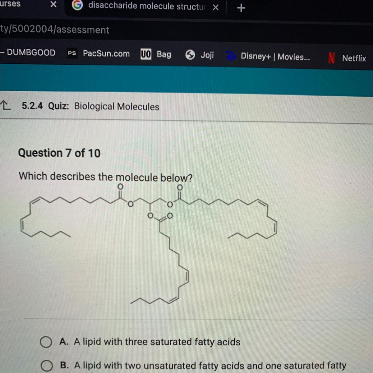 Which Describes The Molecule Below?O A. A Lipid With Three Saturated Fatty Acids B. A Lipid With Two