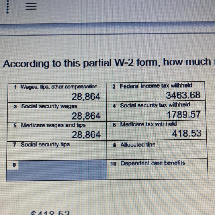 According To This Partial W-2 Form, How Much Money Was Paid In FICA Taxes?A. $418.53B. $1789.87C. $1906.86D.
