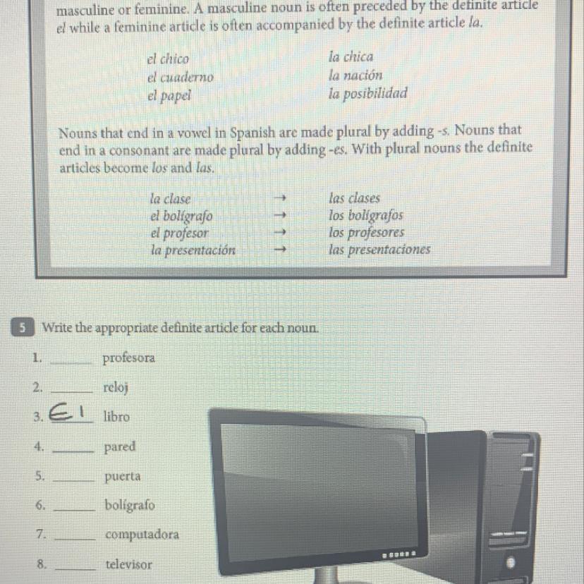 5Write The Appropriate Definite Article For Each Noun.