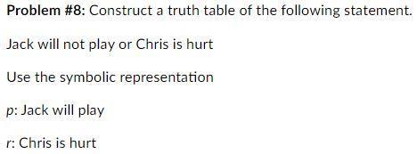 Construct A Truth Table Of The Following Statement. Jack Will Not Play Or Chris Is HurtUse The Symbolic