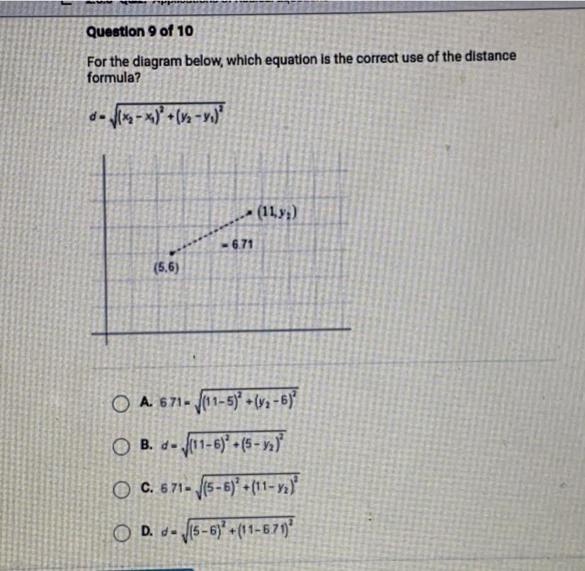 For The Diagram Below, Which Equation Is The Correct Use Of The Distance Formula? 