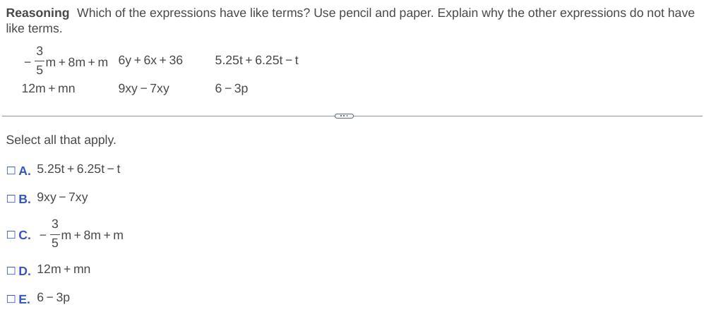 Which Of The Expressions Have Like Terms? Use Pencil And Paper. Explain Why The Other Expressions Do