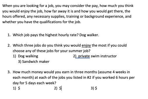 3. How Much Money Would You Earn In Three Months (assume 4 Weeks In Each Month) At Each Of The Jobs You