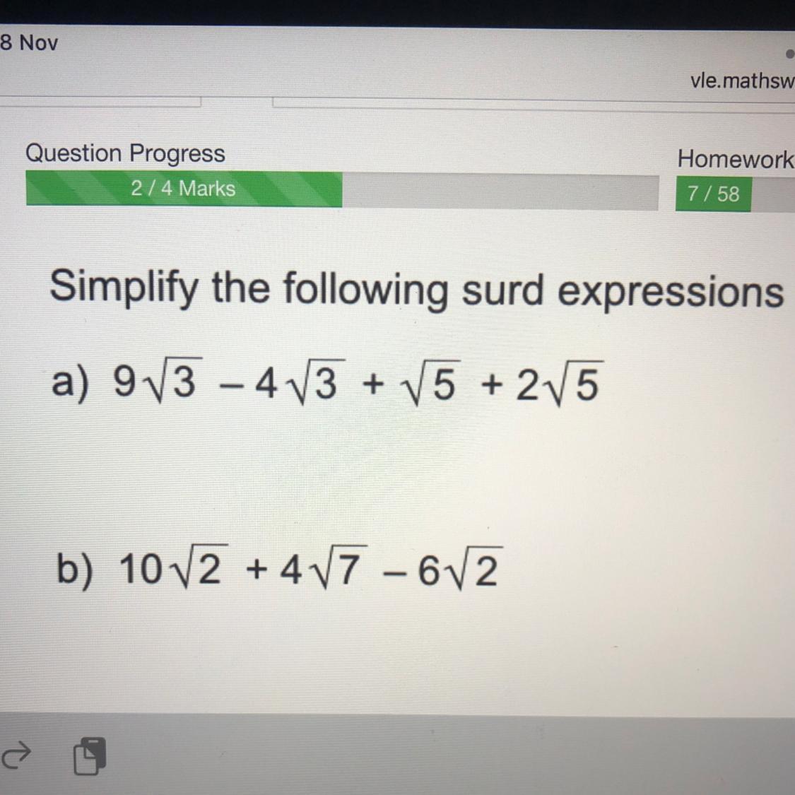 Simplify The Following Surd Expressionsa) 9V3 -4V3 + V5 + 2V5b) 10V2 + 4V7 - 6V2