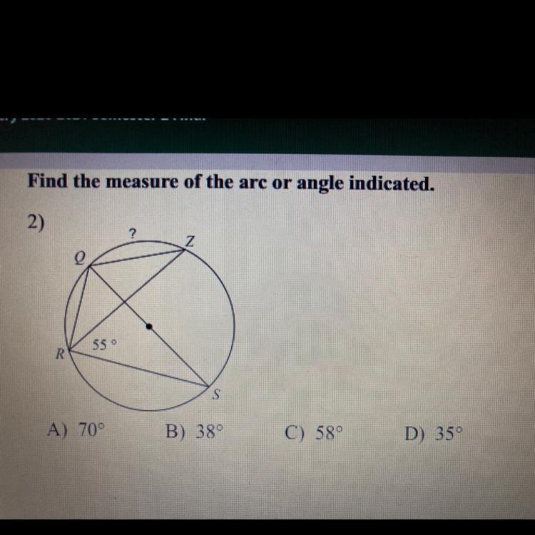 Find The Measure Of The Arc Or Angle IndicatedPlease Help This Is Geometry 