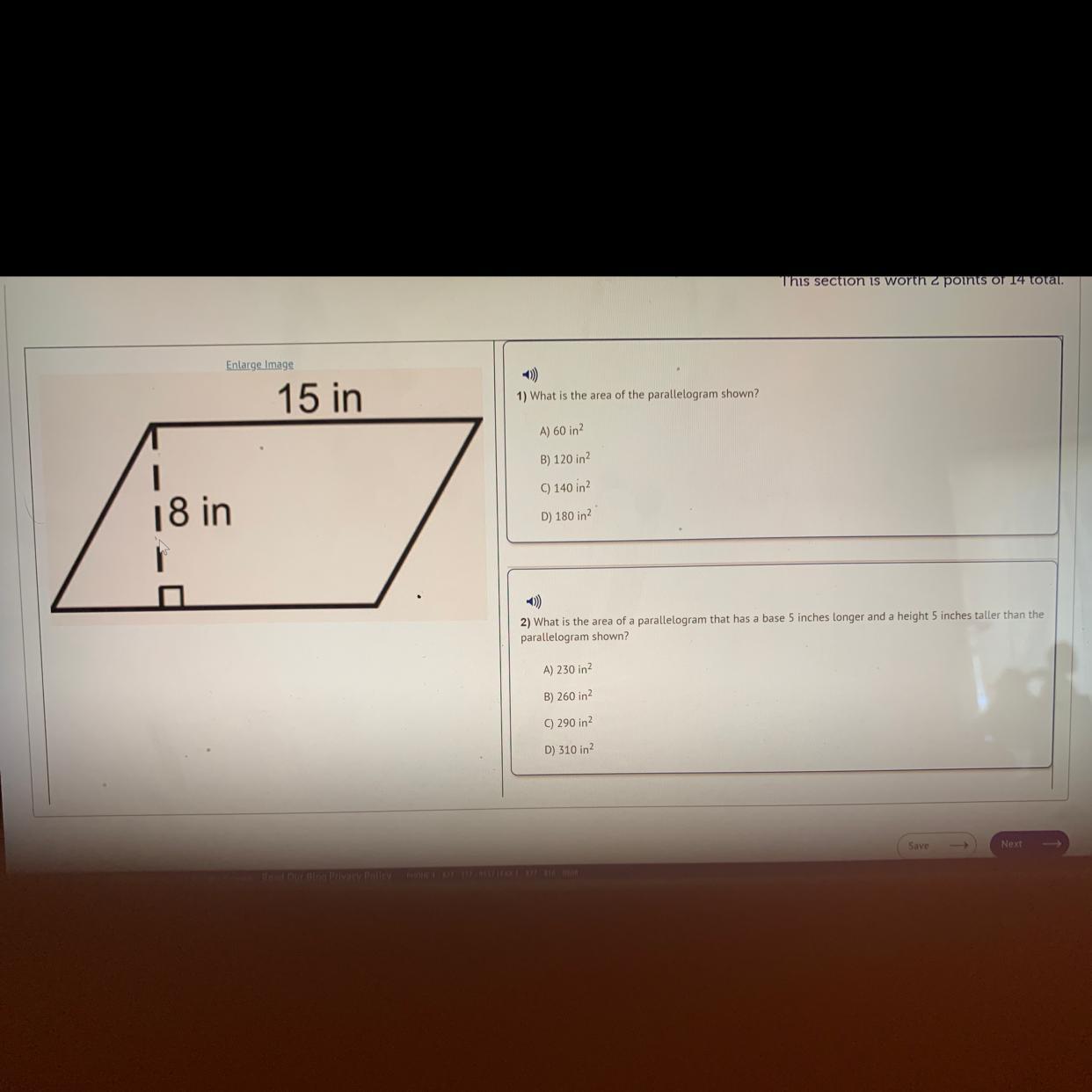 What Is The Area Of The Parallelogram Shown? A) 60in B) 120in C) 140in D) 180in. + What Is The Area Of