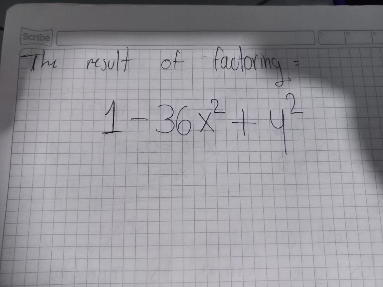 Hello, How Do I Factorize This Expression 1-36x^ { 2 } +y ^ { 2 } . Thanks :3