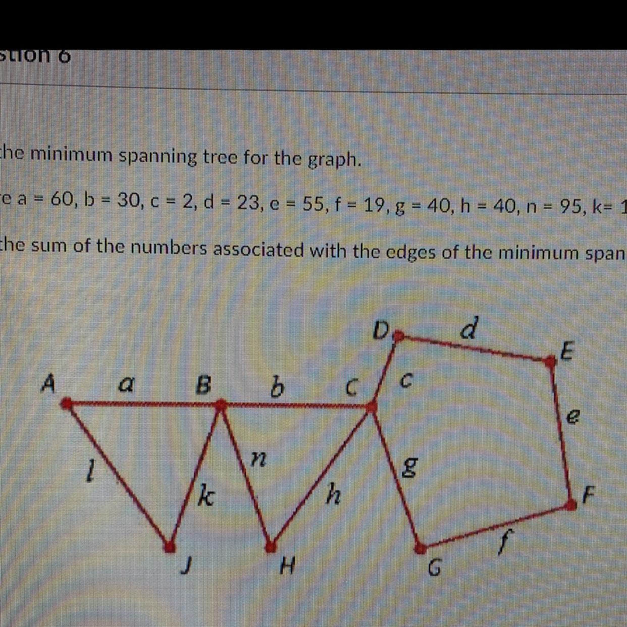 Find The Minimum Spanning Tree For The Graph.Where A = 60, B = 30, C = 2, D = 23, E = 55, F = 19, G =