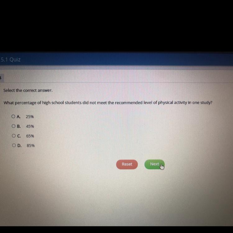 Select The Correct Answer.What Percentage Of High School Students Did Not Meet The Recommended Level