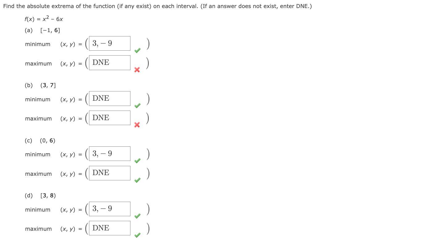 Find The Absolute Extrema Of The Function (if Any Exist) On Each Interval. (If An Answer Does Not Exist,