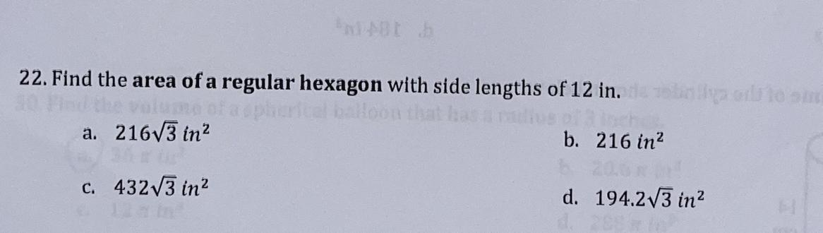 Find The Area Of A Regular Hexagon With Side Lengths Of 12 In.