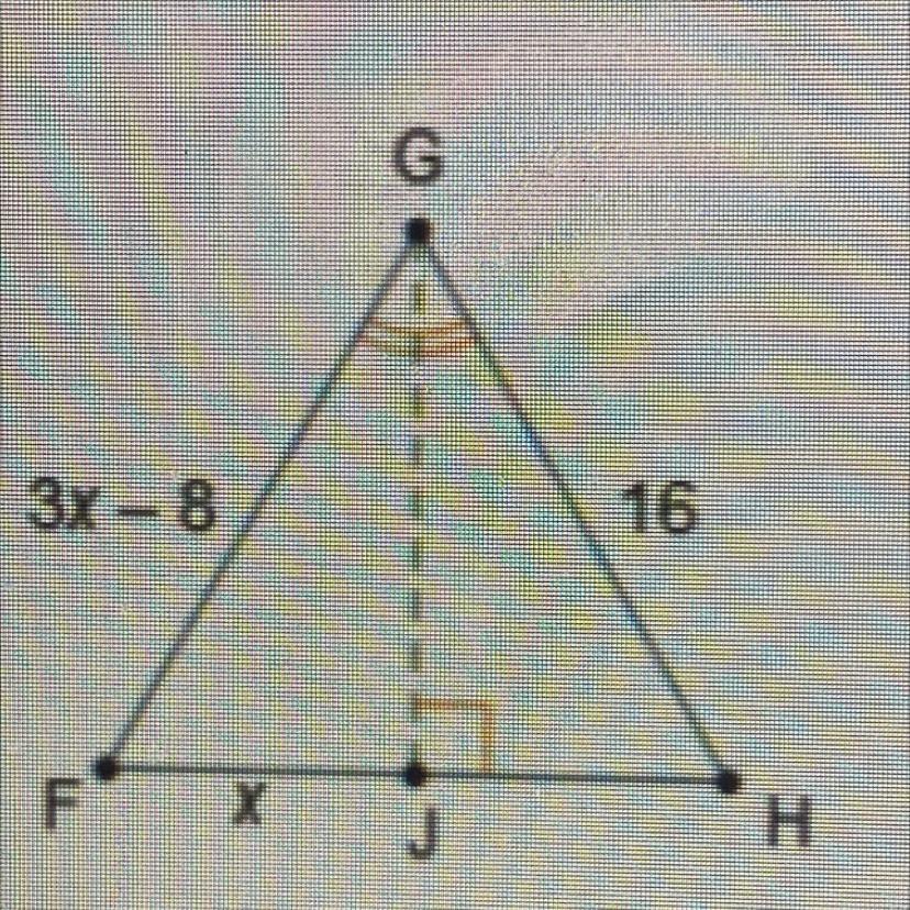 In Triangle FGH, GJ Is An Angle Bisect Or Of G And Perpendicular To FH. What Is The Length Of FH In Units?