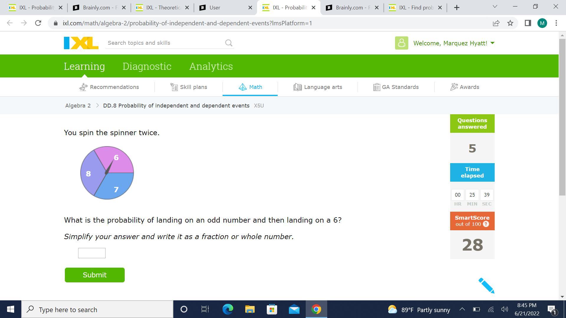 You Spin The Spinner Twice.678What Is The Probability Of Landing On An Odd Number And Then Landing On