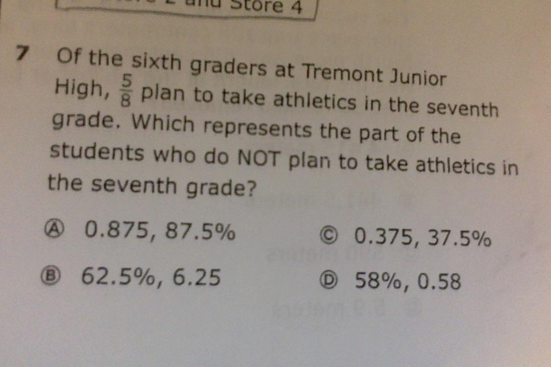 Of The Sixth Graders At Tremont Junior High, 5/8 Plan To Take Athletics In The Seventh Grade. Which Represents