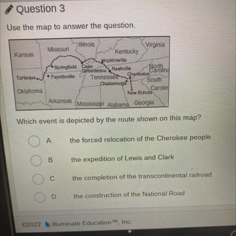 Which Event Is Depicted By The Route Shown On This Map?the Forced Relocation Of The Cherokee PeopleBthe