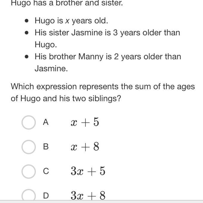 What Expression Represents The Sum Of Ages Of Hugo And His Two Siblings?