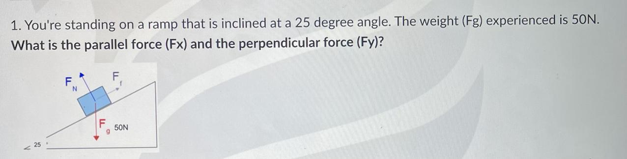  You're Standing On A Ramp That Is Inclined At A 25 Degree Angle. The Weight (Fg) Experienced Is 50N.