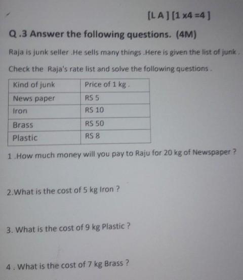 Answer The Following Questions.Raju Is Junk Seller. He Sells Many Things. Here Is Given The List Of Junk.Kind