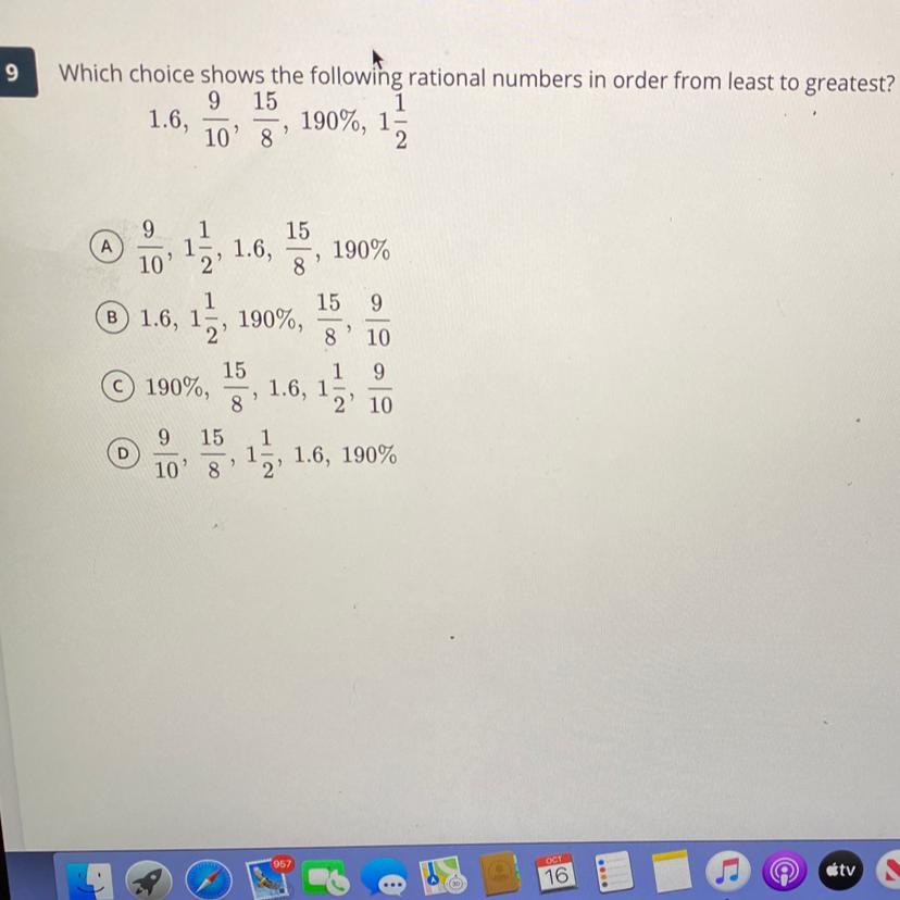 Which Choice Shows The Following Rational Numbers In Order From Least To Greatest?1.69/1015/8190%1 1/2I